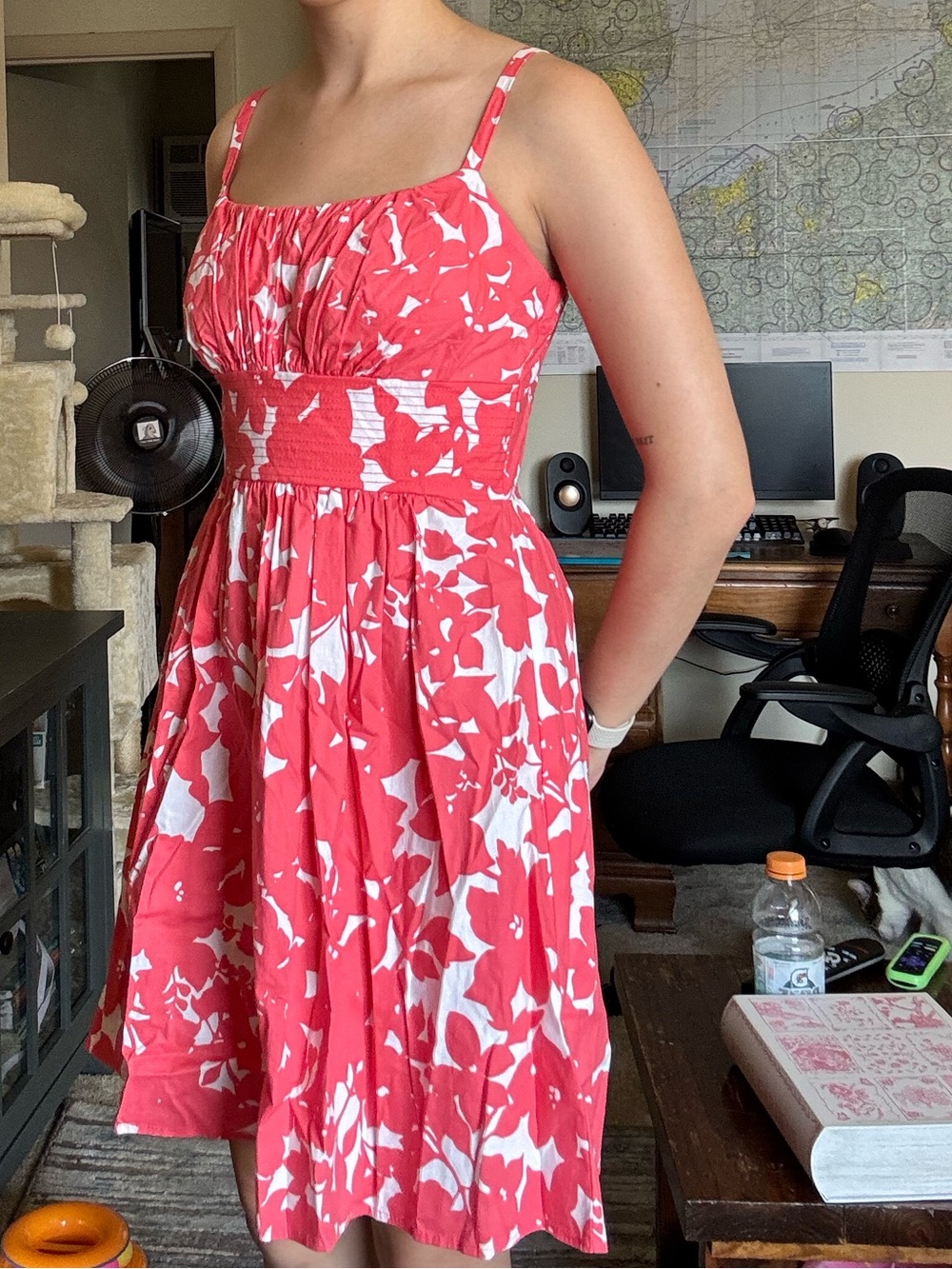 Red Floral Sundress with White Abstract Print
